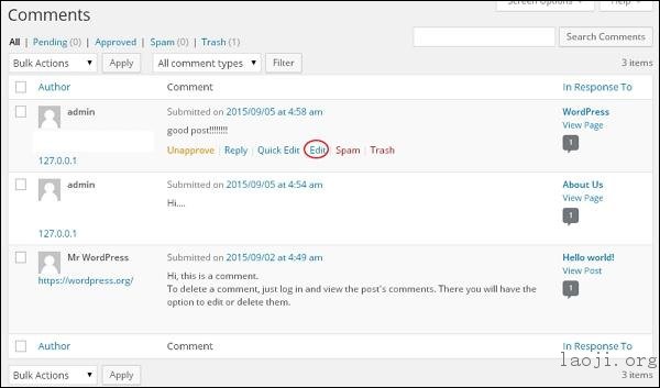 WordPress Edit Comments