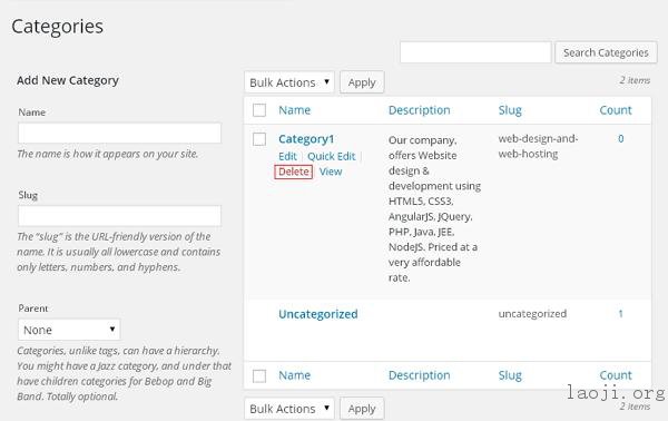 WordPress delete category